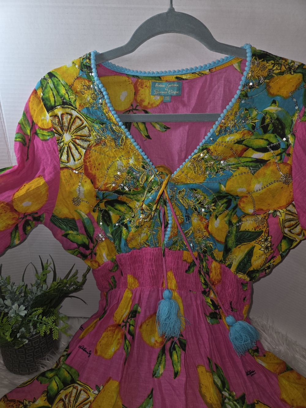 Giacomo Cinque Sequin Vibrant Pink Lemon-Print Mini Dress with Tassel Tie - Picture 4 of 12